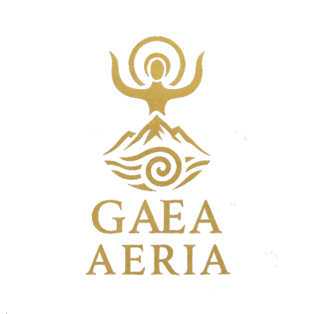 Gaea Aeria logo — Minoan priestess with raised arms, mountain-peak headdress and spiral labyrinth, Crete