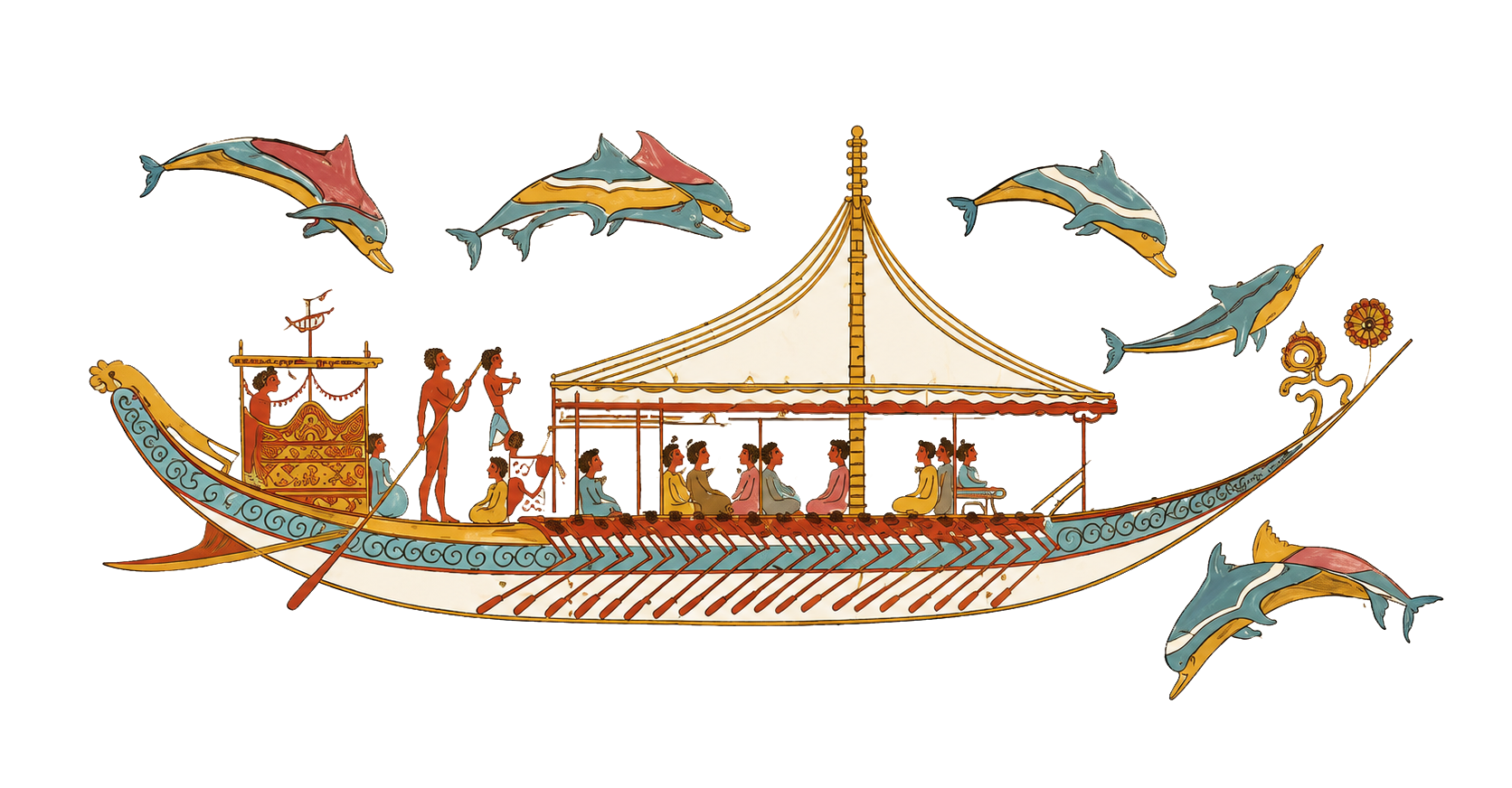Minoan fresco of a royal ship with dolphins leaping around it, Crete