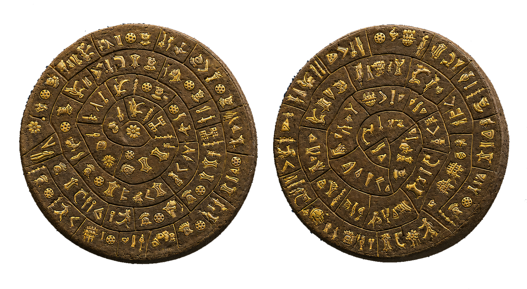 Both sides of the Phaistos Disc, Bronze Age clay disc with undeciphered spiral inscription, found at Phaistos, Crete